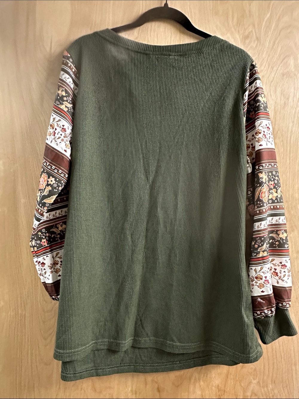 BloomChic Olive Green Waffle Knit Top with Patterned Balloon Sleeves - Picture 5 of 5